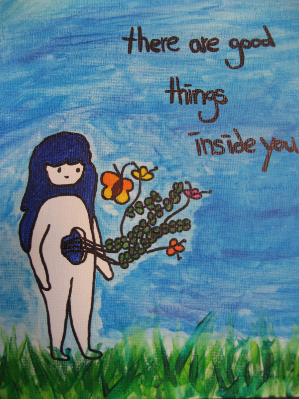 Zeichnung Mädchen auf Wiese mit Spruch There are good things inside you- Psychologe Esslingen
